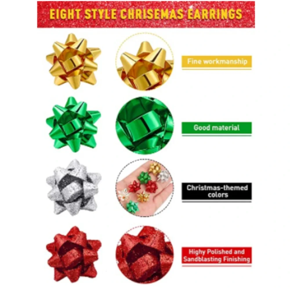 Christmas Bow Earrings Christmas Silver Glitter Bow Studs Shiny Holiday Earrings - Picture 4 of 8